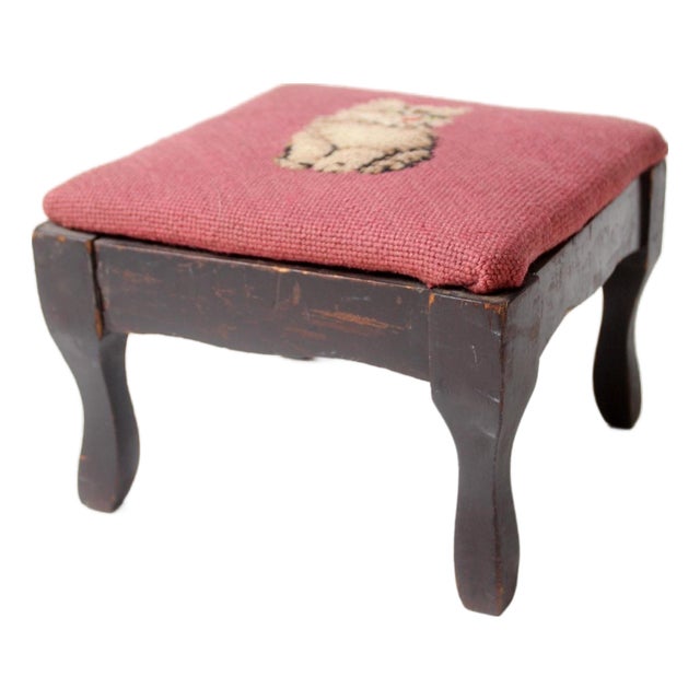 Vintage Needlepoint Cat Footstool For Sale