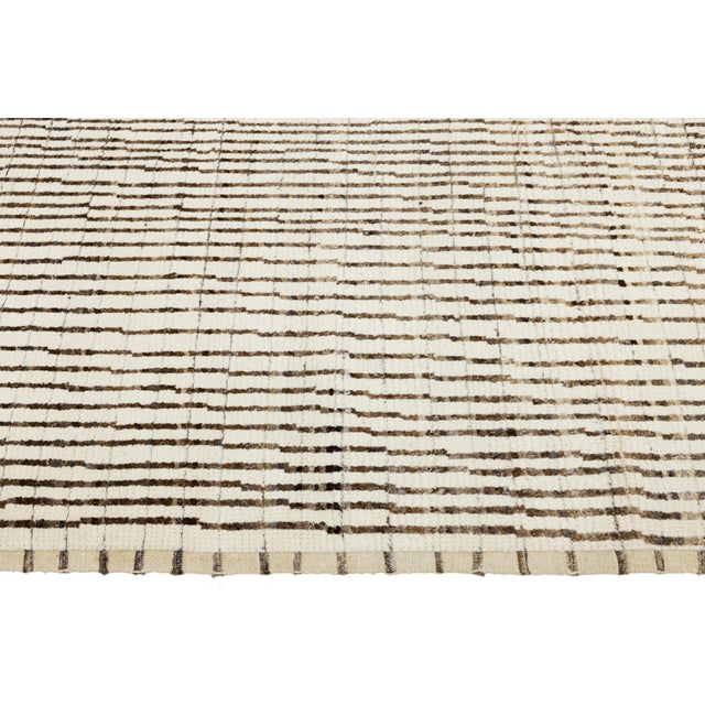 Ivory Ivory Modern Moroccan Style Wool Rug With Handmade Linear Pattern For Sale - Image 8 of 11