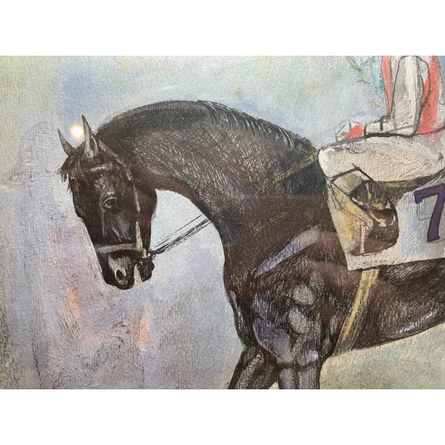 Share Vintage Original Figural Jockey Horse Racing Track Mixed Media Painting Drawing For Sale - Image 4 of 11