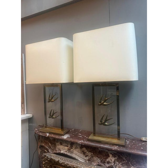 Vintage French Decorative Table Lamps in Glass and Brass, 1970, Set of 2 For Sale - Image 4 of 17