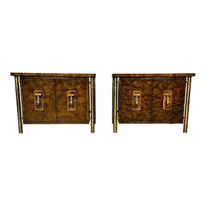 Pair Mid-Century Modern Mastercraft Nightstands, Floating Cabinets in Elm, Brass