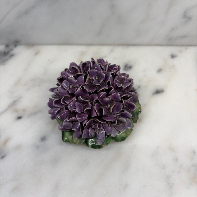 Antique French Purple Violet Porcelain Flower Bouquet With Green Leaves For Sale - Image 4 of 6