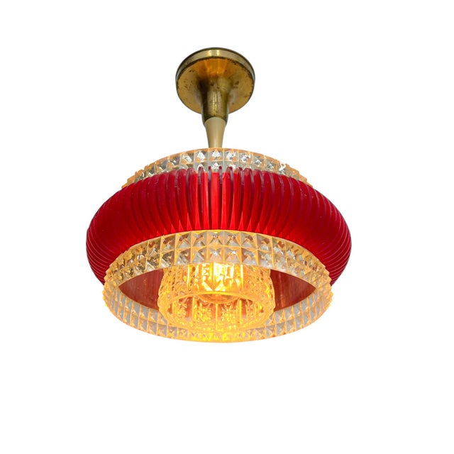 1970s Vintage Pendant Lamp in Red and Clear Plastic with Glass Shade, 1970s For Sale - Image 5 of 11