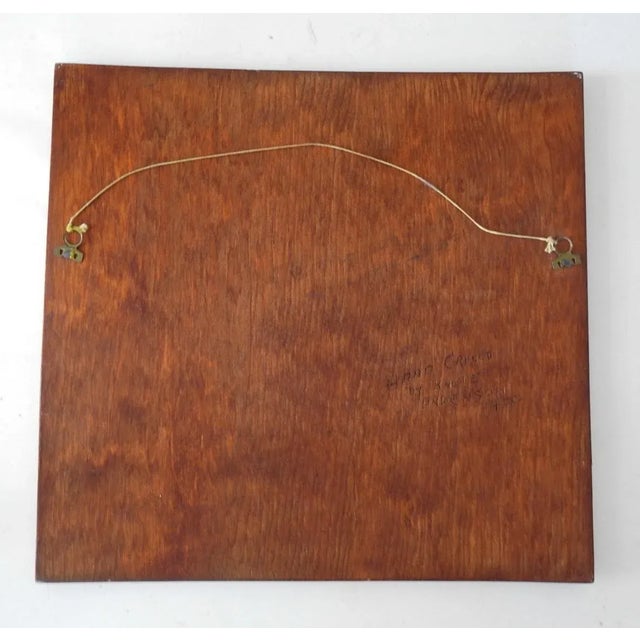 Vintage 1950 hand carved wood plaque. Moose charging two hunters in big trouble, great sylized landscape background....