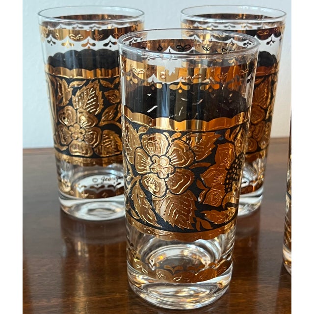1960s 1960s - Georges Briard Gold & Black Floral Highball Glasses - Set of 7 For Sale - Image 5 of 5