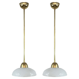 Art Deco White Opaline Glass and Brass Pendants, Sweden, 1940s, Set of 2