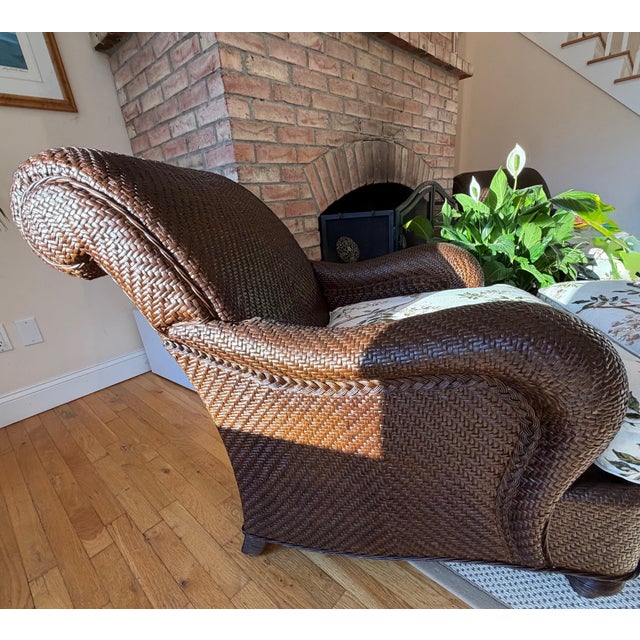 Rattan Wicker Lounge Chair and Ottoman by Hickory Chair in Colefax & Fowler by Mark Hampton For Sale - Image 11 of 18