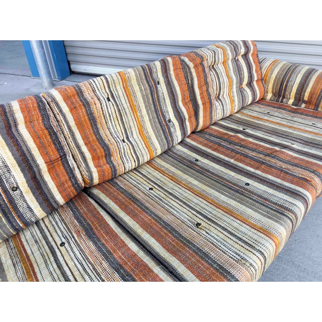 1970s Vintage Brutalist Wood, Brass, and Striped Upholstered Sofa For Sale - Image 12 of 12