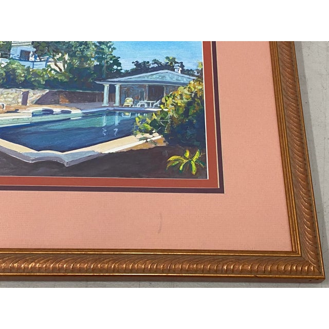 Impressionist Vintage "Backyard Pool" Original Gouache Painting by Dosne For Sale - Image 3 of 13