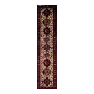 1960s Vintage Handmade Tribal Beige Heriz Wool Runner