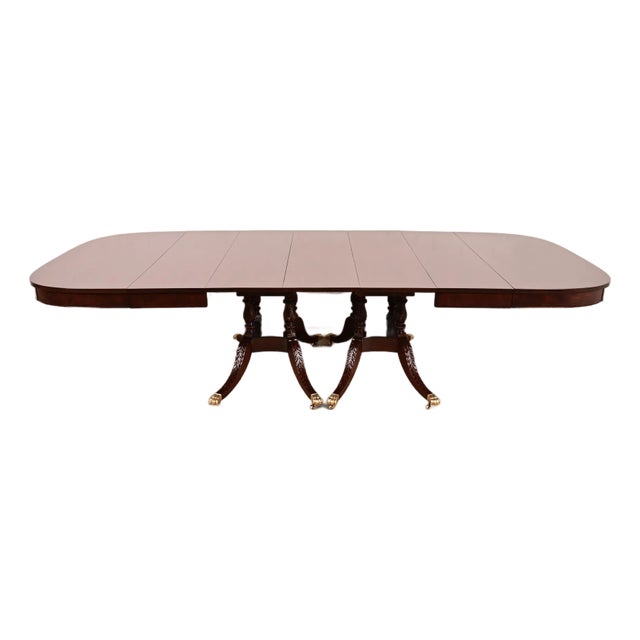 Baker Furniture Style Georgian Mahogany Double Pedestal Extension Dining Table, Newly Refinished For Sale