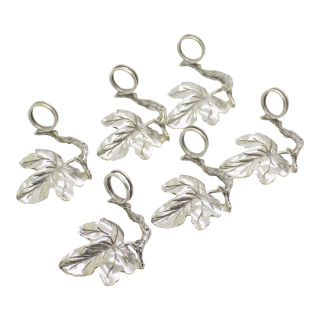 6 X Vintage Italian Handmade Genuine Silver Leaf Shaped Place Card Holder, Made in Tuscany by Arpa Silversmith For Sale