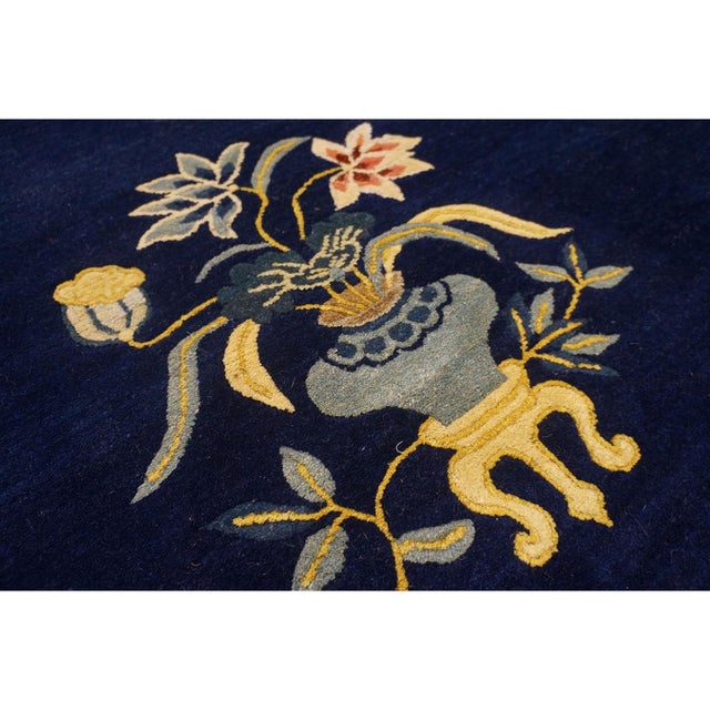 1920s Navy Blue Floral Deco Antique Chinese Peking Knotted Rug 11'9'' X 14'3'' For Sale - Image 10 of 12