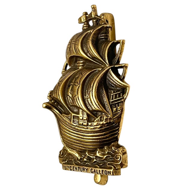 Antique English Brass Galleon Ship Door Knocker For Sale - Image 6 of 9