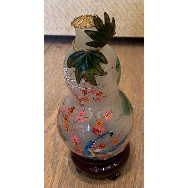 Mid 20th Century Vintage Mid 20th Century Hand Painted Chinese Bottle on Cherry Wood Stand For Sale - Image 5 of 9
