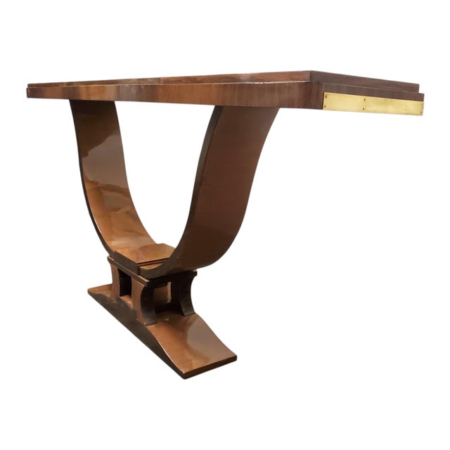 Art Deco A Pair of Large/ Long French Art Deco "U" Shaped Walnut Consoles With Brass Trim For Sale - Image 3 of 12