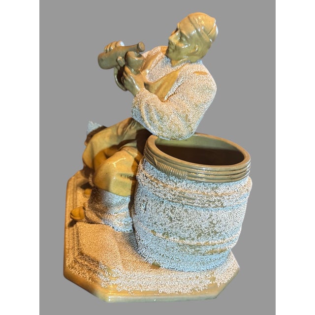 Early 20th Century Antique Victorian Yellow Ware Sand Majolica Figural Drinking Friar Monk Smoking Stand For Sale - Image 5 of 7