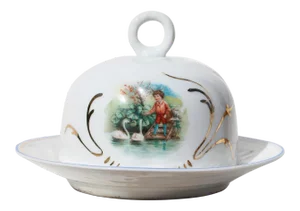 1900s Porcelain Butter Tub With Cover and Stand Depicting a Kid Feeding Swans, Vista Alegre, Portugal