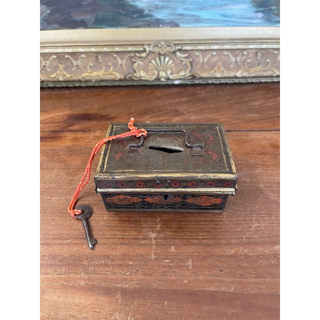 Black Likely Antique Toleware Painted Tin Lock Box With Key, 19th Century For Sale - Image 8 of 10