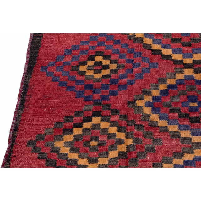 Vintage Kilim Handmade Flatweave Red Geometric Wool Runner 4' 3'' X 4' 7'' For Sale - Image 9 of 11