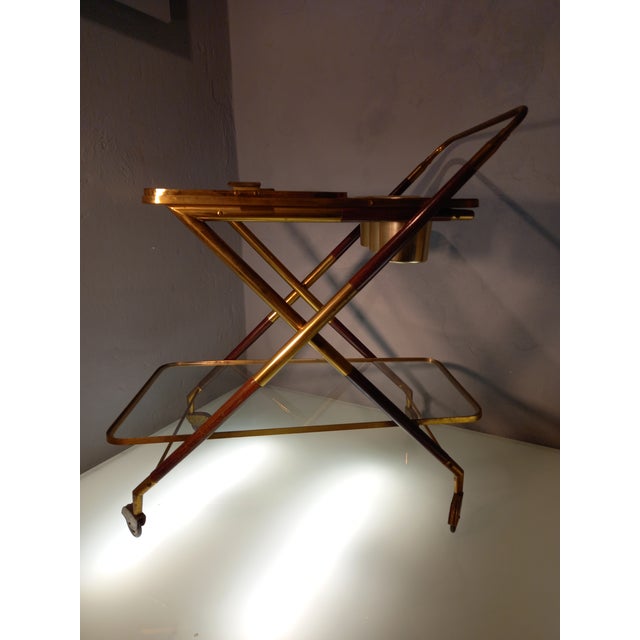 Cassina Trolley in Wood, Brass and Glass Shelves attributed to Cesare Lacca for Cassina by Cesare Lacca, 1950s For Sale - Image 4 of 11