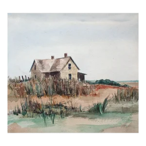 Late 20th Century "Barn by the Sea" Beach Landscape Watercolor Painting