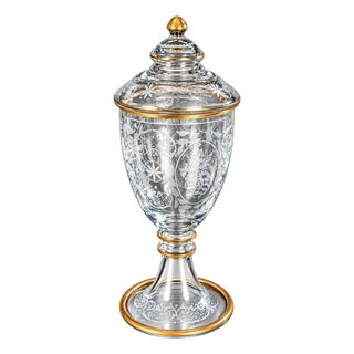Italian Crystal Urn With 24k Gold Leaf & Hand-Etched Details For Sale