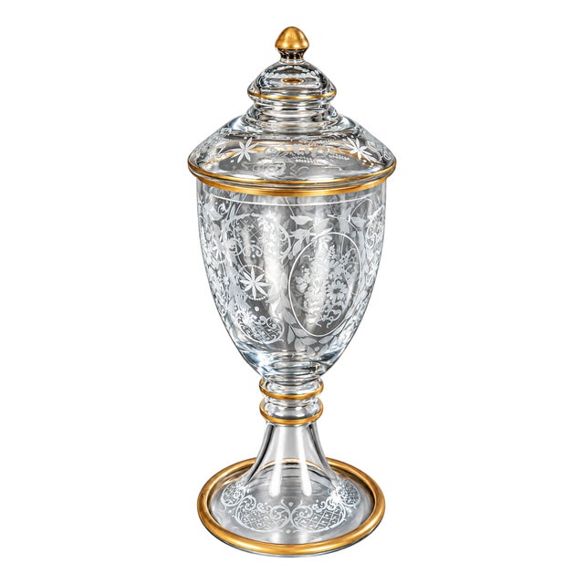 Italian Crystal Urn With 24k Gold Leaf & Hand-Etched Details For Sale