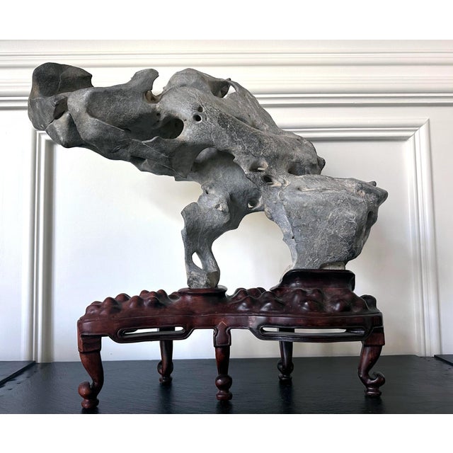 Extraordinary Chinese Taihu Scholar Stone Rare Form on Display Stand For Sale - Image 14 of 18