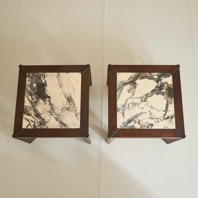 Mid-Century Modern Belgian Marble + Oak Side Table, 1976 - 2 Available For Sale - Image 3 of 11