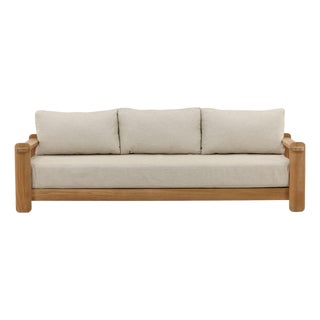 Outdoor Teak & Taupe Cushion Sofa For Sale