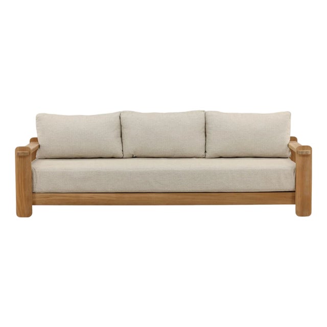 Outdoor Teak & Taupe Cushion Sofa For Sale