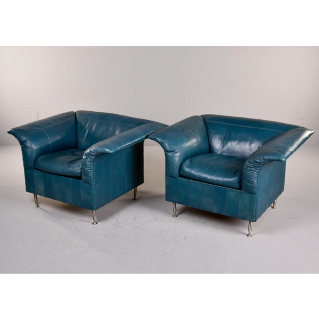 1980s Vintage Poltrona Frau Teal Leather Chairs - Pair For Sale - Image 5 of 12