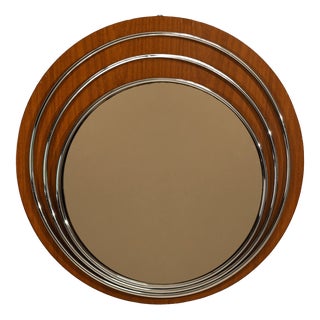 Vintage Italian Round Walnut and Chrome Mirror, 1970s For Sale