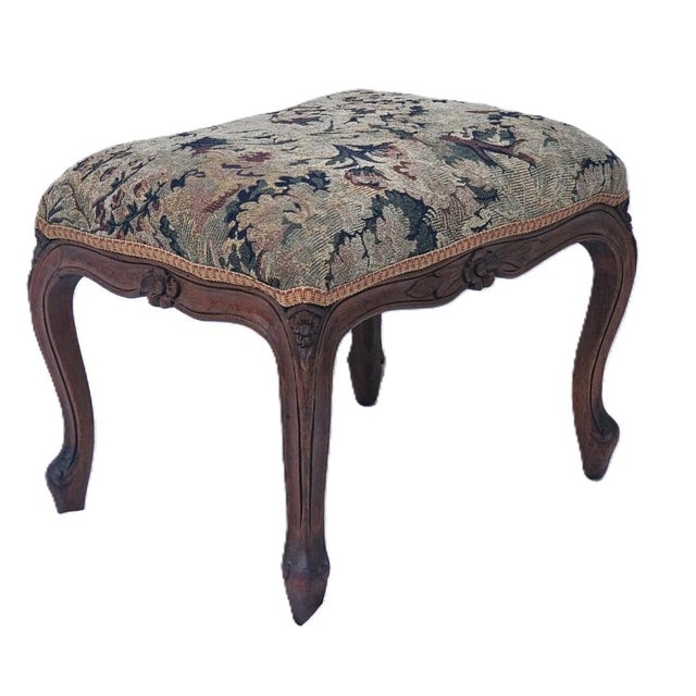 French Antique French Walnut Ottoman Footstool W/ Floral Carving & Cabriole Legs 1910s For Sale - Image 3 of 16
