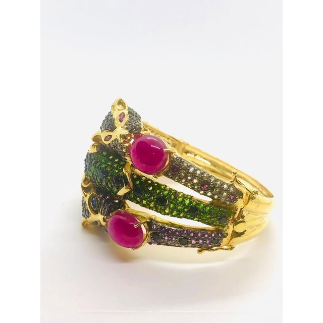 English Bochic ‘Capri’ Vintage Sapphire, Ruby & Emerald Cuff In 18K Gold & Silver For Sale - Image 3 of 13