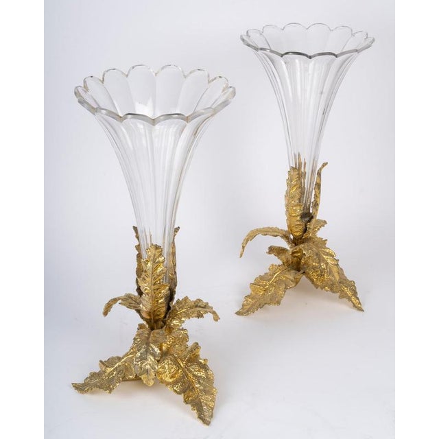 Metal Napoleon III Crystal and Gilded Bronze Horns, 1800s, Set of 2 For Sale - Image 7 of 8
