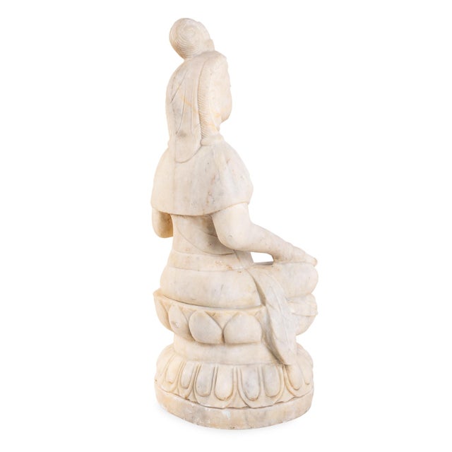 Stone Vintage Chinese Carved White Marble Guanyin Buddhist Sculpture on Lotus Base For Sale - Image 7 of 7