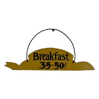 A Whimsical Vintage Wood Sign Advertising "Breakfast 35-50c" With Arching Metal Hook, Double Sided For Sale