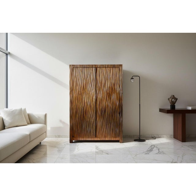 Exceptional 66” Robert Kuo Limited Edition Signed Hand-Repoussé "Pleats" Copper Armoire For Sale - Image 15 of 15