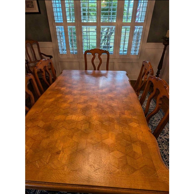 Brown French Provincial Style Draw Leaf Dining Table With Oak Parquet Top With 6 Chairs For Sale - Image 8 of 8