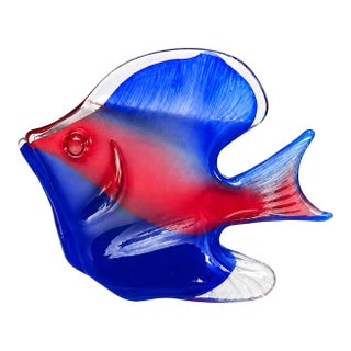 Vintage Murano Style Hand Blown Glass Coastal Angelfish Sculpture / Paper Weight – Blue Red Tropical Fish 6" For Sale