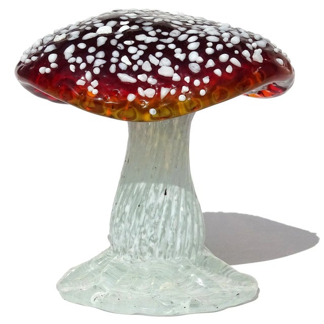 Beautiful and very unusual, vintage Murano hand blown deep red-orange and white spots Italian art glass mushroom /...