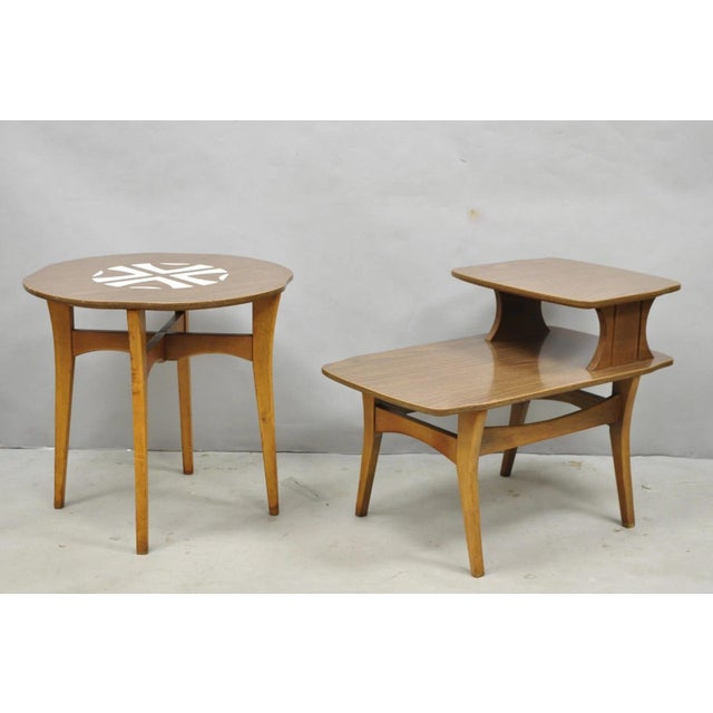 Vintage Mid Century Modern Walnut & Formica Round & Step Side Table Set - 2 PCS For Sale - Image 16 of 16