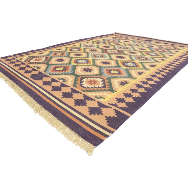 Vintage Afghan Maimana Kilim Rug with Southwestern Tribal Style 06'01 x 08'11. Full of tiny details and a bold expressive...