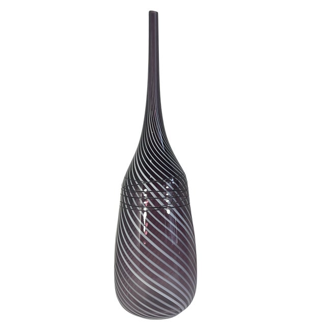 24 + In. Murano Style Purple White Applied Black Swirl Bulbous Art Glass Vase Set of 2 For Sale - Image 11 of 14