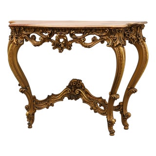 Louis XV Rococo Style Carved Gilt Console Table with Rose Marble Top, Italy, 1950s For Sale