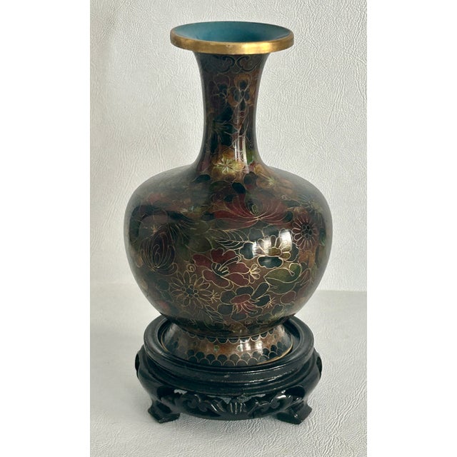 Vintage Cloisonné Vase Earth Tones With Carved Wooden Base For Sale In Philadelphia - Image 6 of 16