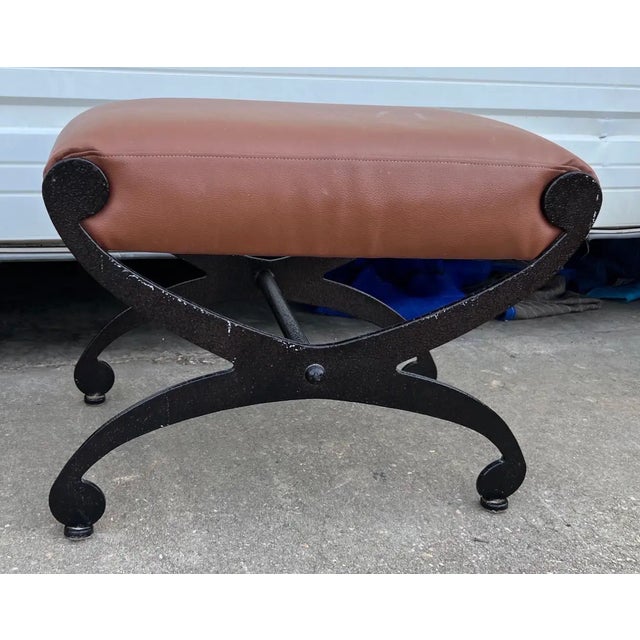 Pair of vintage designer leather and iron stools. Currently, 4 pair available.
