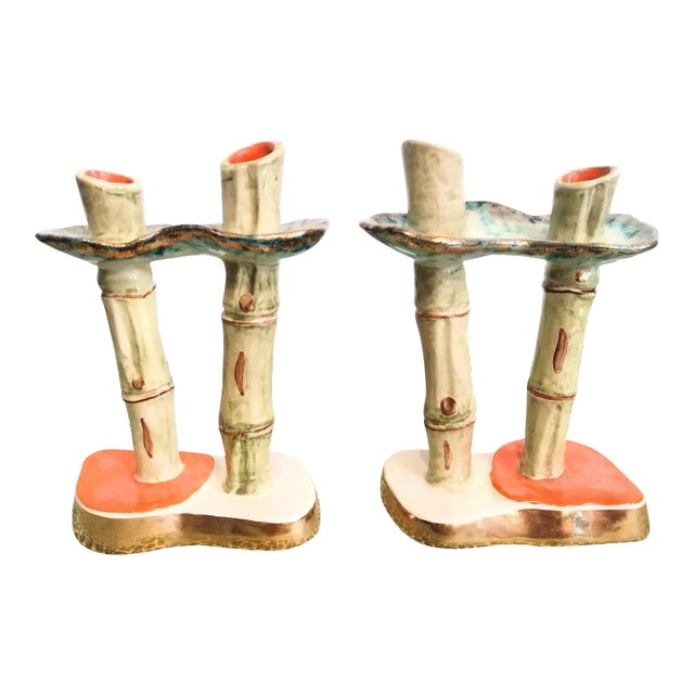 Vintage Italian Colorful Ceramic Faux Bamboo Double Stalk Green Orange Candle Stick Holders- a Pair For Sale